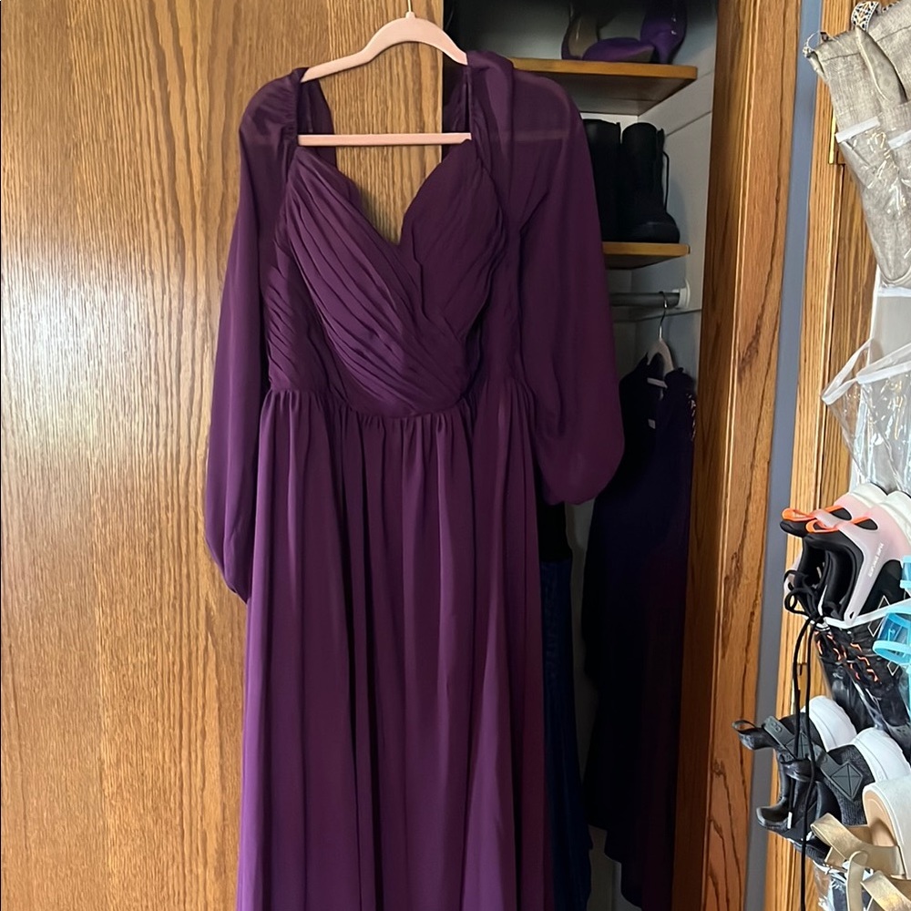 Purple Pleated Wrap Gown with Bishop Sleeves